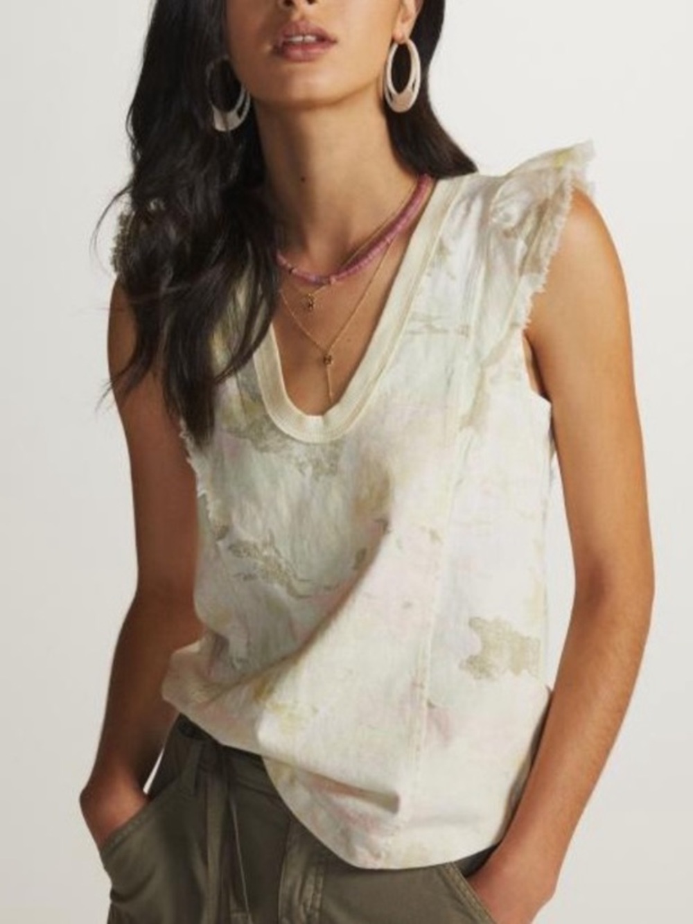 Pilcro Ruffle Sleeve Scoop Neck Tee Tank Floral Butter Yellow Camo MP